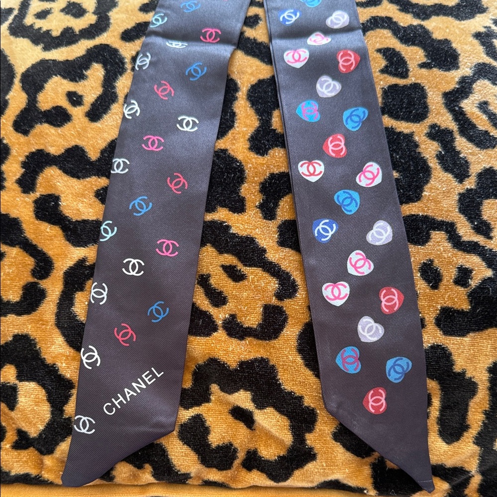 Black Silk Skinny Scarf Tie with Multicolor CC Motif